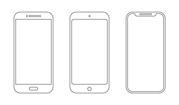 smartphone with outline icon mobile mockup. wireframe front line cell phone white screen. vector stock. - iphone stock illustrations