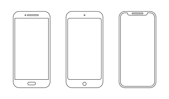 Smartphone with outline icon mobile mockup. Wireframe front line cell phone white screen. Vector stock.