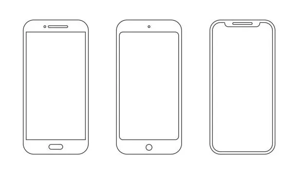 Vector illustration of Smartphone with outline icon mobile mockup. Wireframe front line cell phone white screen. Vector stock.