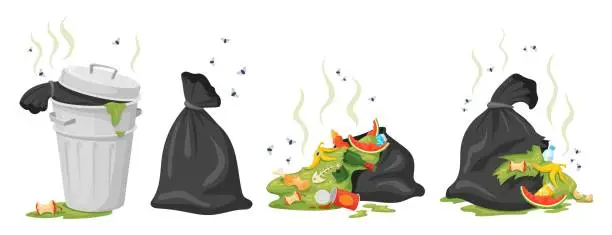 Vector illustration of City trash bag. Rotting garbage in waste bag or street dustbins, full can bin pile rubbish accumulation dumpster overflow dump dirty food, cartoon trashcan neat vector illustration