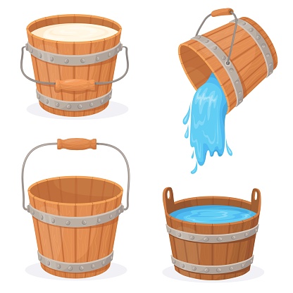 Cartoon wooden buckets. Wood bucket with flowing water or milk, empty pail stream spa sauna bathtub tub barrel jar pot for storage farm honey, isolated neat vector illustration of cartoon bucket
