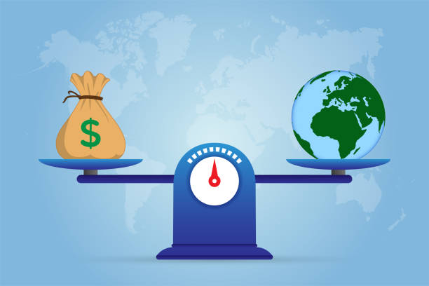 balance zwischen geld (investition) und schutz des planeten. - weight scale currency globe earth stock-grafiken, -clipart, -cartoons und -symbole