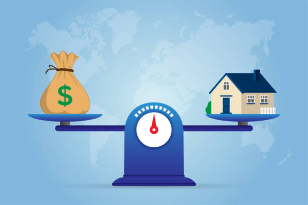 ilustrações de stock, clip art, desenhos animados e ícones de balance between money (investment) and real estate. - instrument of weight