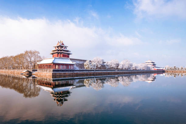 Snow on the temple pagoda and trees around the wall surrounding the Forbidden City in central Beijing, on a sunny but cold day in early spring.