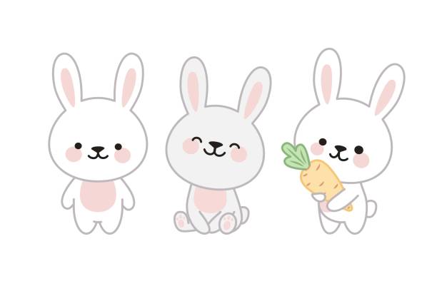 ilustraciones, imágenes clip art, dibujos animados e iconos de stock de conjunto de tres lindos conejos en estilo kawaii. uno está de pie, el segundo está sentado, el tercero está sosteniendo una zanahoria. sobre un fondo blanco aislado. - bunny girl