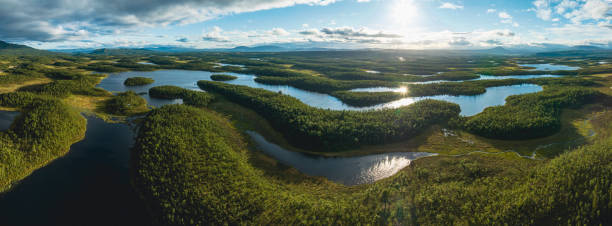 istock Sunset over lakes surrounded by green forest 1413818254