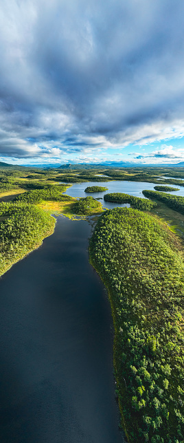 Green forest and blue lakes landscape in the region of Jamtland Harjedalen, Sweden. Seen at sunset in the summer.