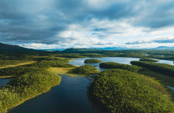 istock Sunset over lakes surrounded by green forest 1413818410