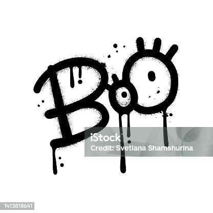 istock Boo - Urban street graffiti style word with eyes. Print for graphic tee, sweatshirt. Concept for halloween party decoration. Vintage retro symbol. Vector hand drawn textured illustration 1413818641