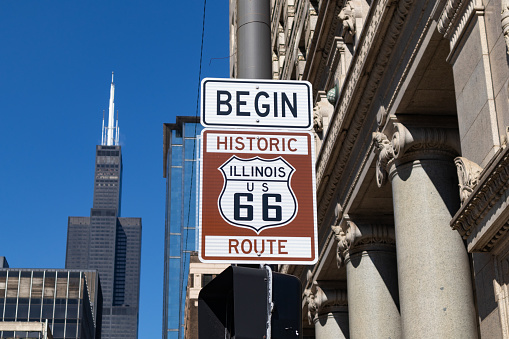 The sign for the start of the historic route 66 highway in downtown Chicago