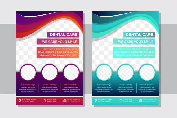 Vector illustration of dental care, we care your smile flyer design template in vertical layout.