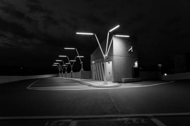 On a cloudy morning this beautiful above-ground parking lot in the early hours