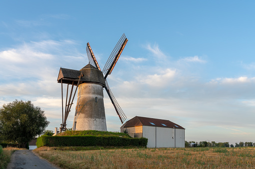 Early in the morning there is a beautiful windmill whit the sun rising in the sky
