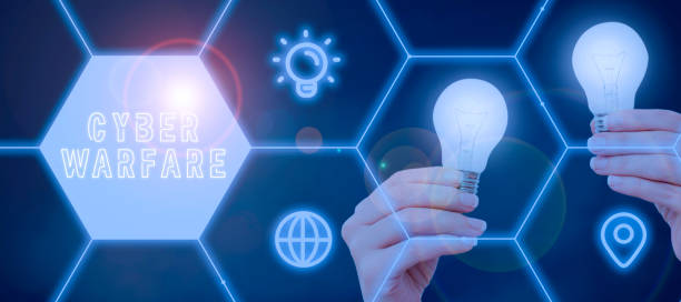 istock Conceptual display Cyber Warfare. Business overview Virtual War Hackers System Attacks Digital Thief Stalker Woman Holding Light Bulbs In Futuristic Pattern Presenting New Ideas. 1413824714