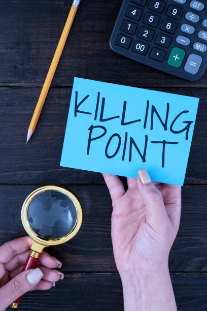 istock Text showing inspiration Killing Point. Conceptual photo Phase End Review Stage Gate Project Evaluation No Go Hands Of Woman With Blank Paper And Stationery For Advertisement. 1413825332