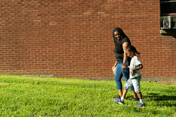 Walking to the first day of school stock photo