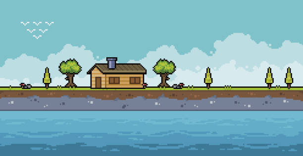 illustrazioni stock, clip art, cartoni animati e icone di tendenza di pixel art scena di sfondo del paesaggio della costa del mare per il gioco a 8 bit - lake coastline blue nautical vessel