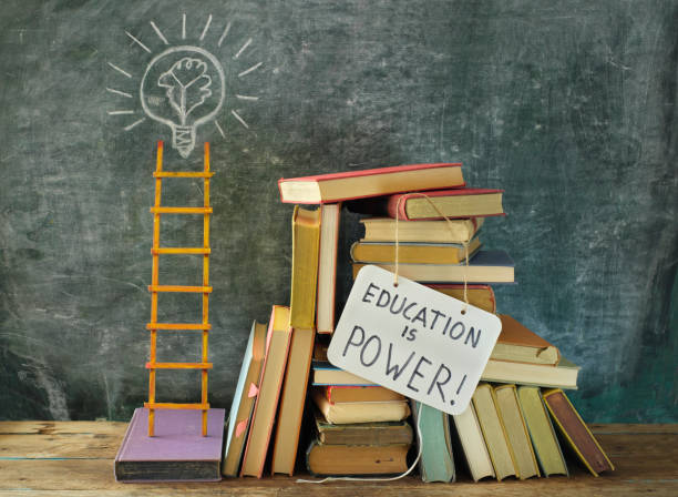 istock Learning,knowledge,education or back to school concept with books, education is power sign, light bulb as idea symbol and ladder of success.Free copy space 1413828052