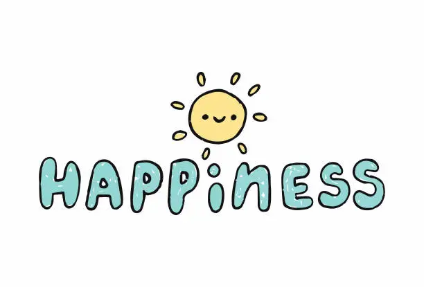 Vector illustration of Handwritten Lettering of Happiness with Sunshine symbol. Vector Stock Illustration