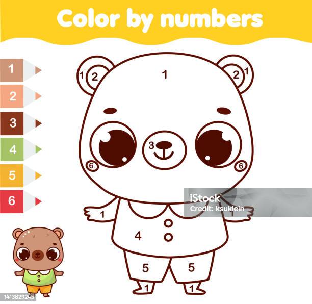 Coloring Page With Cute Cartoon Bear Color By Numbers Picture For