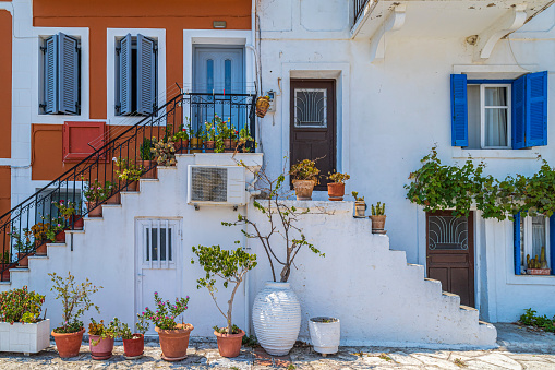 Parga, Greece, with traditional Greek colorful neoclassical mansions covering the slopes near the city, a coastal town and municipality located in the NW part of the regional unit of Preveza in Epirus.