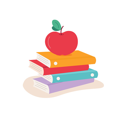 Books and Apple. School design. Vector illustration on white background