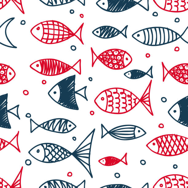 bildbanksillustrationer, clip art samt tecknat material och ikoner med pattern of red and blue fish in the style of doodle - baby swim under water