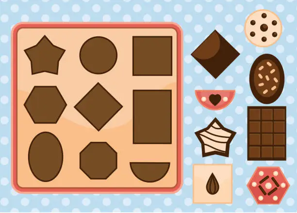 Vector illustration of Matching children educational game. put sweets in box Match by shape. Activity for kids and toddlers learning geometric forms