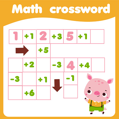 Mathematics educational game for children. Math crossword write missing numbers. Learning equations for pre school kids