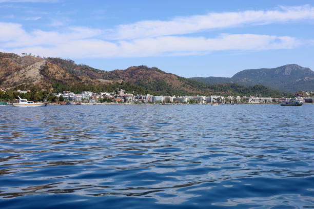 Turkish coast of Mediterranean sea on mountains background in summer