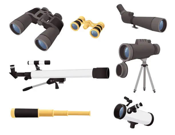 Vector illustration of A set of professional optical devices telescopes binoculars and spyglass vector illustration isolated on white background