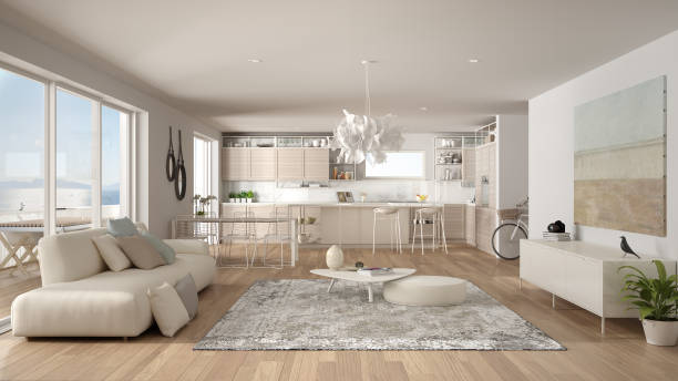 istock Penthouse living room and kitchen interior design, lounge with sofa and carpet, dining table, island with stools, parquet. Modern minimalist white architecture concept idea 1413833204