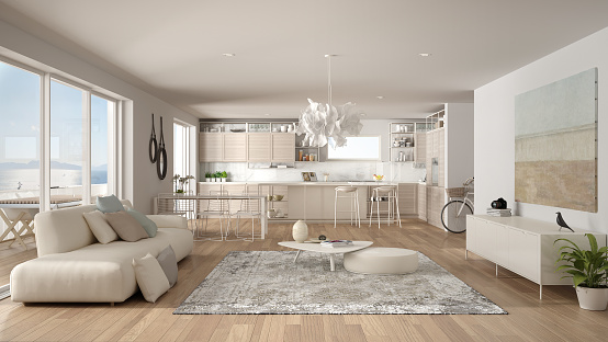 3D rendering of modern kitchen island with three high chairs. Computer generated image of a simple kitchen design with green wall.