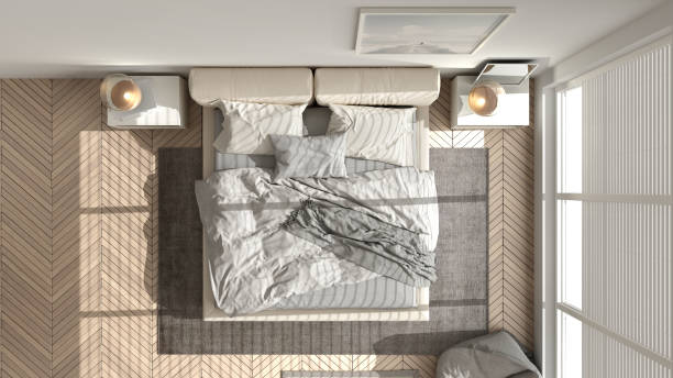 istock Modern bedroom in bright pastel tones, big panoramic window, double bed with carpet and pouf, herringbone parquet floor, minimal interior design, relax concept idea, top view, above 1413833254