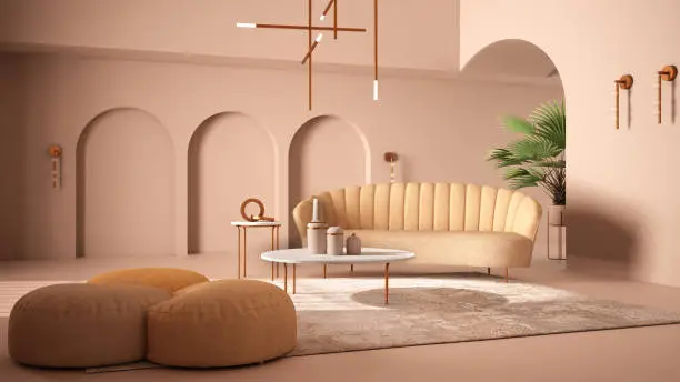 Elegant classic living room with archways and arched window and door. Rosy sofa with poufs, carpet, pendant lamp, coffee tables, vases, decors. Modern interior design idea