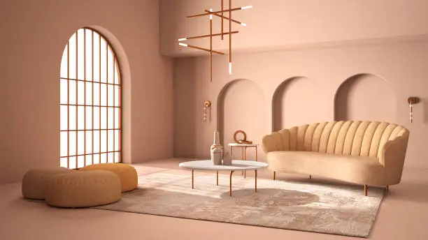 Elegant classic living room with archways and arched window and door. Rosy sofa with poufs, carpet, pendant lamp, coffee tables, vases, decors. Modern interior design idea