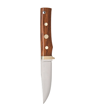 Modern hunting knife with silver blade and rubber handle. Steel arms. Isolate on a white background.