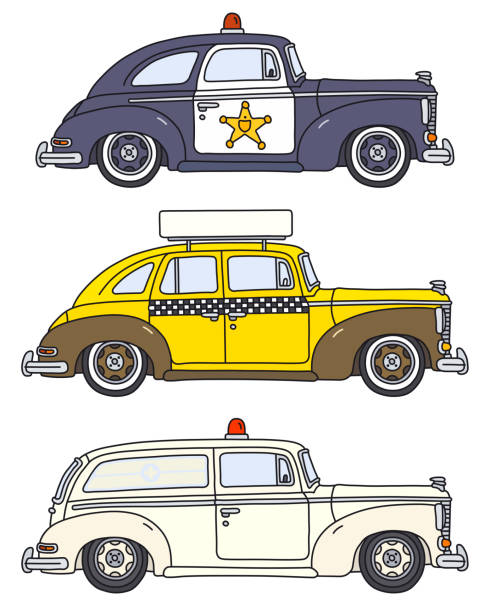 trzy samochody retro - cartoon city town car stock illustrations