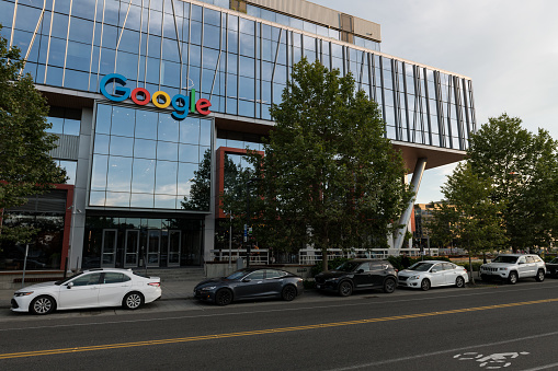 Seattle, USA - Jul 24, 2022: The South Lake Union Google Headquarters late in the day.