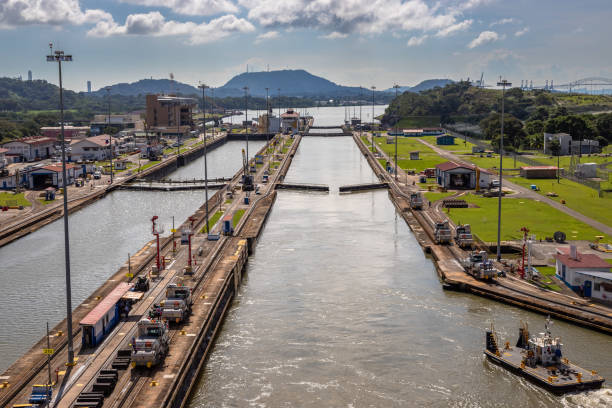 container ship leaving the miraflores lock toward the pacific ocean