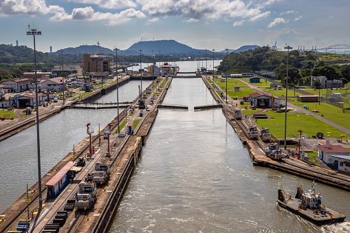 View of the Miraflores Locks. Giant locks allow huge ships to pass through the Panama Canal.