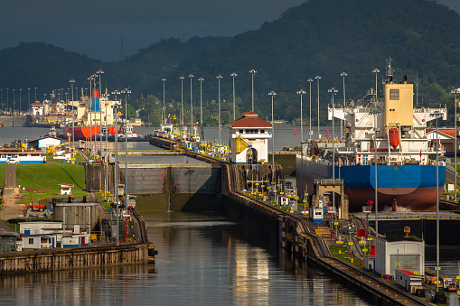 View of the Miraflores Locks, East Lane. Giant locks allow huge ships to pass through the Panama Canal.