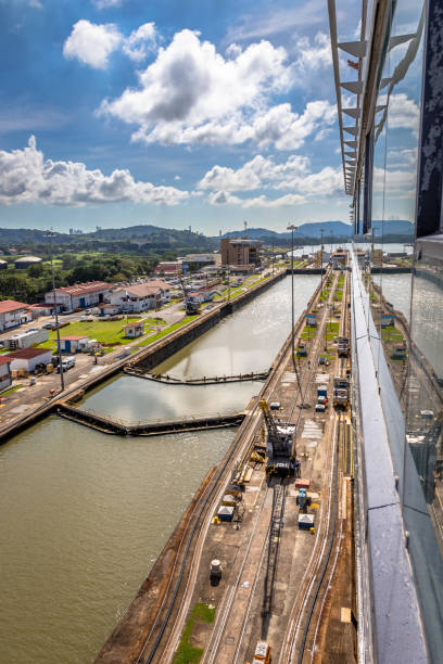 View of the Miraflores Locks. Giant locks allow huge ships to pass through the Panama Canal.