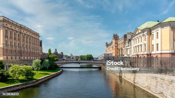 Norrstrom River With Ministry For Foreign Affairs On The Right Swedish Parliament On The Left Gamla Stan Stockholm Stock Photo - Download Image Now