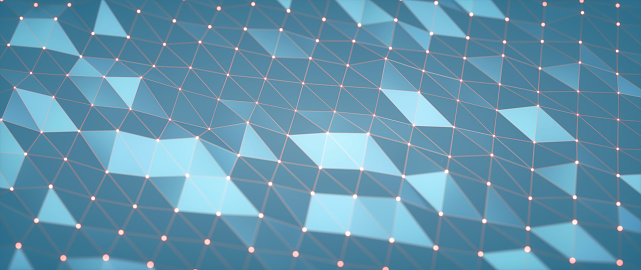 A light blue uneven triangular grid surface with many small light spheres connecting.