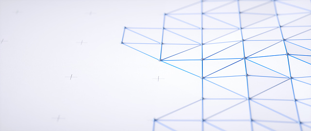 Blue triangular grid structure on a white background surface, with many connecting small spheres and copy space.