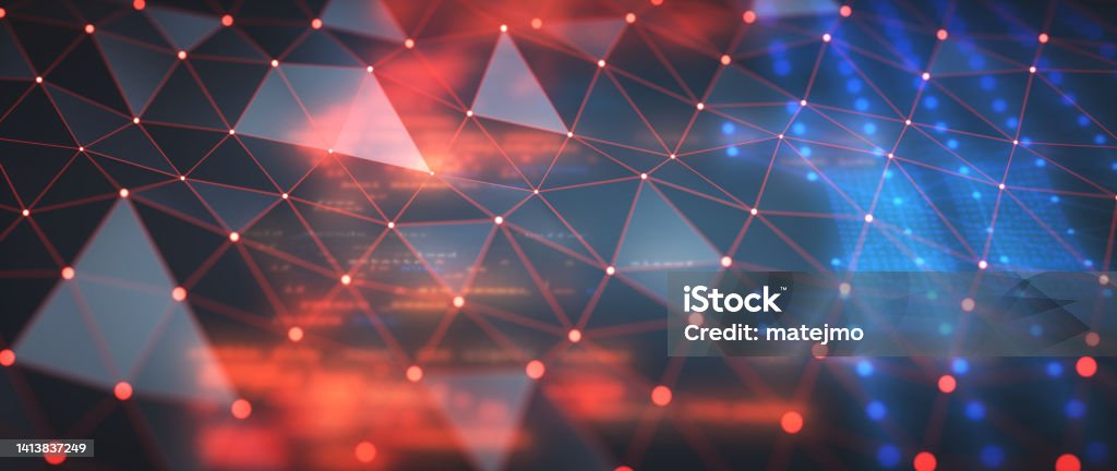 Red Triangular Mesh Grid Surface With A Highly Defocused And Glowing ...
