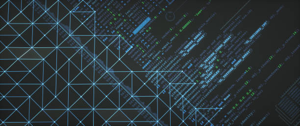 arrière-plan de conception informatique abstrait avec une surface de grille triangulaire inclinée et un texte de code en langage informatique python. - python photos et images de collection