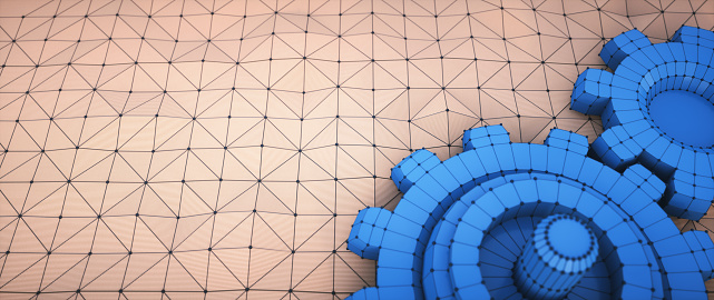 Simple engineering design concept with a triangular grid surface and blue 3D wire mesh models of gears.