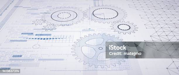 Engineering It Design With Python Computer Language Code Text And Gears Blueprint Wide Horizontal Composition Stock Photo - Download Image Now